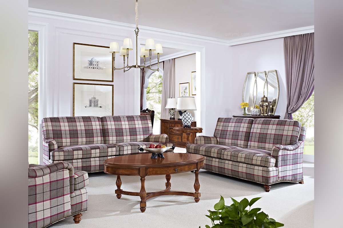 高端品牌美式格紋布藝雙位沙發