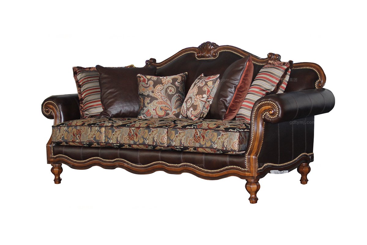 高端實木美式雕花三位真皮沙發