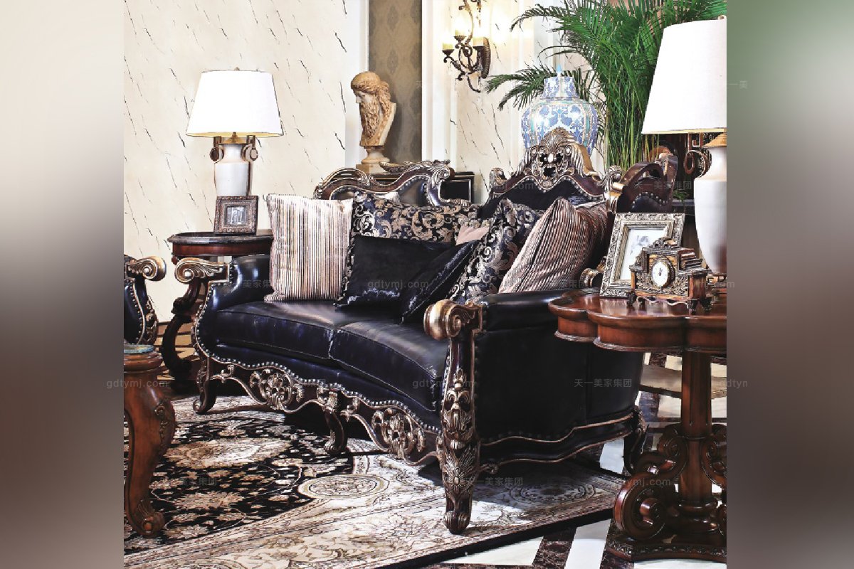高端家具美式雕花真皮三位沙發