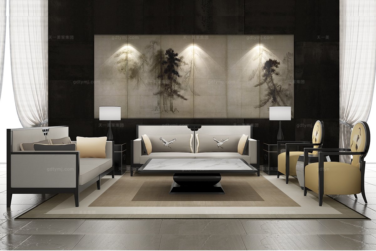 高端新中式白大理石面茶幾