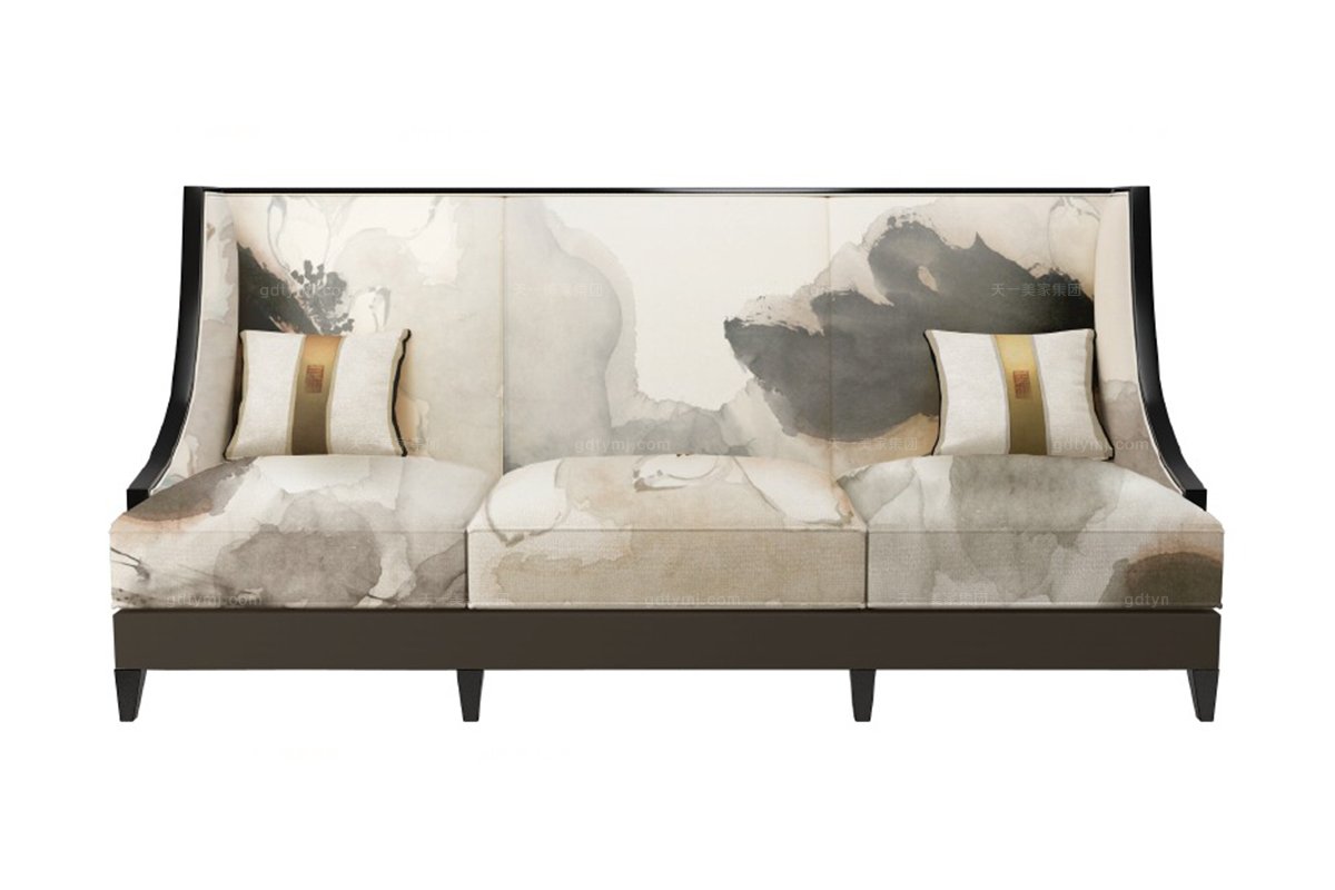 高端新中式水墨荷三人沙發