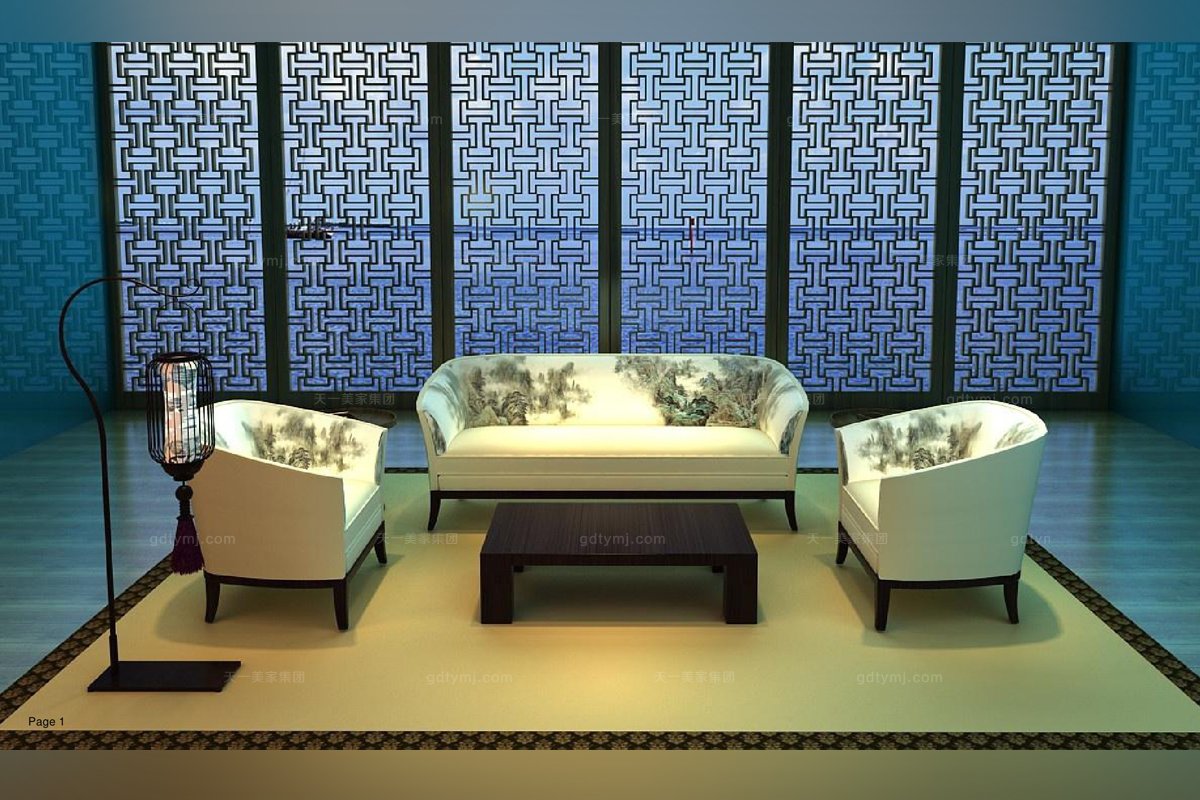 高端新中式山水三人沙發