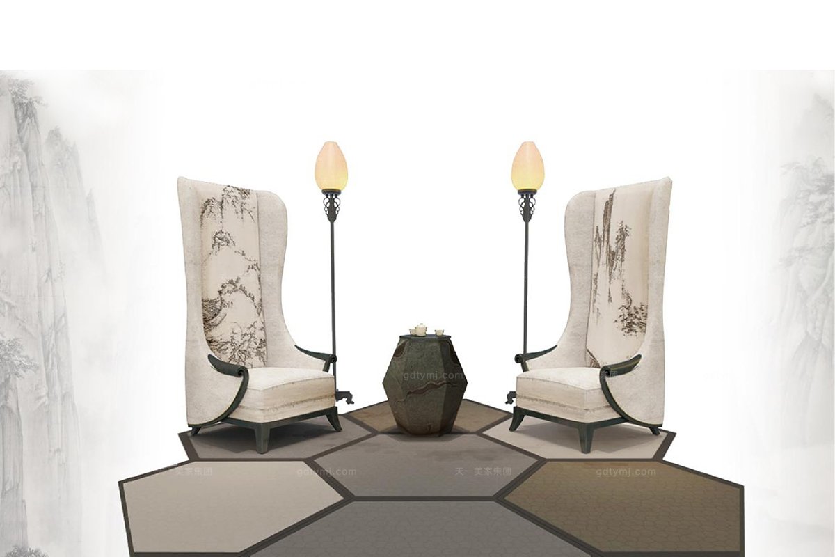 高端新中式高背山水休閑沙發