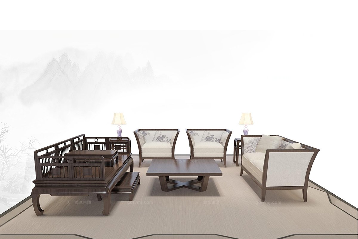 高端新中式山水單雙人沙發