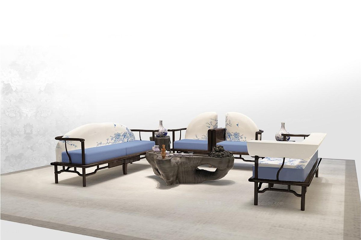 高端新中式青花雙人沙發