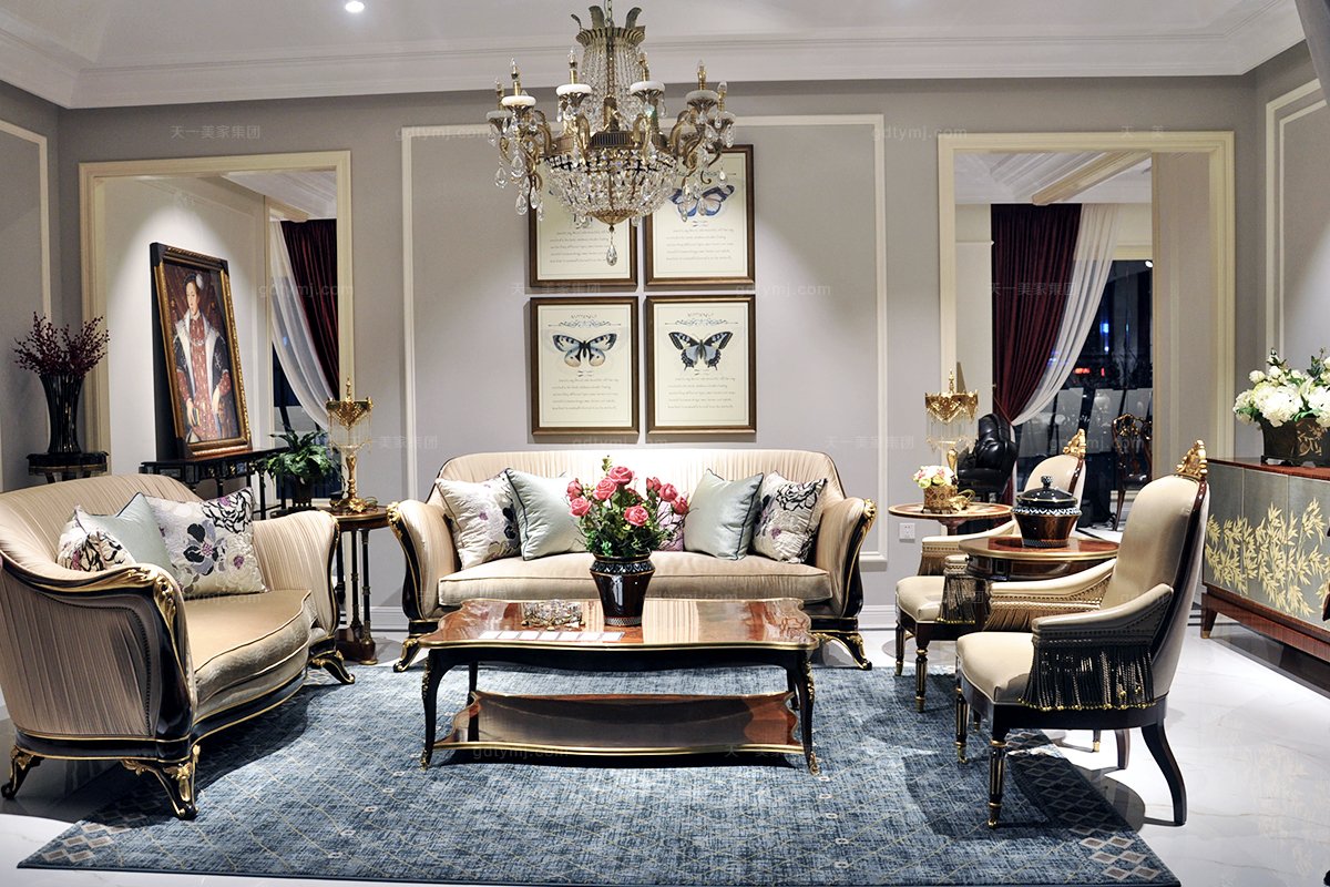 歐式高端家具雕花布藝三人位沙發