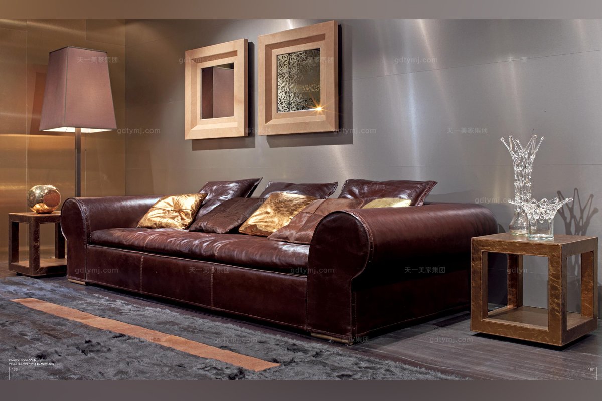 Longhi現代酒紅色皮質三人沙發