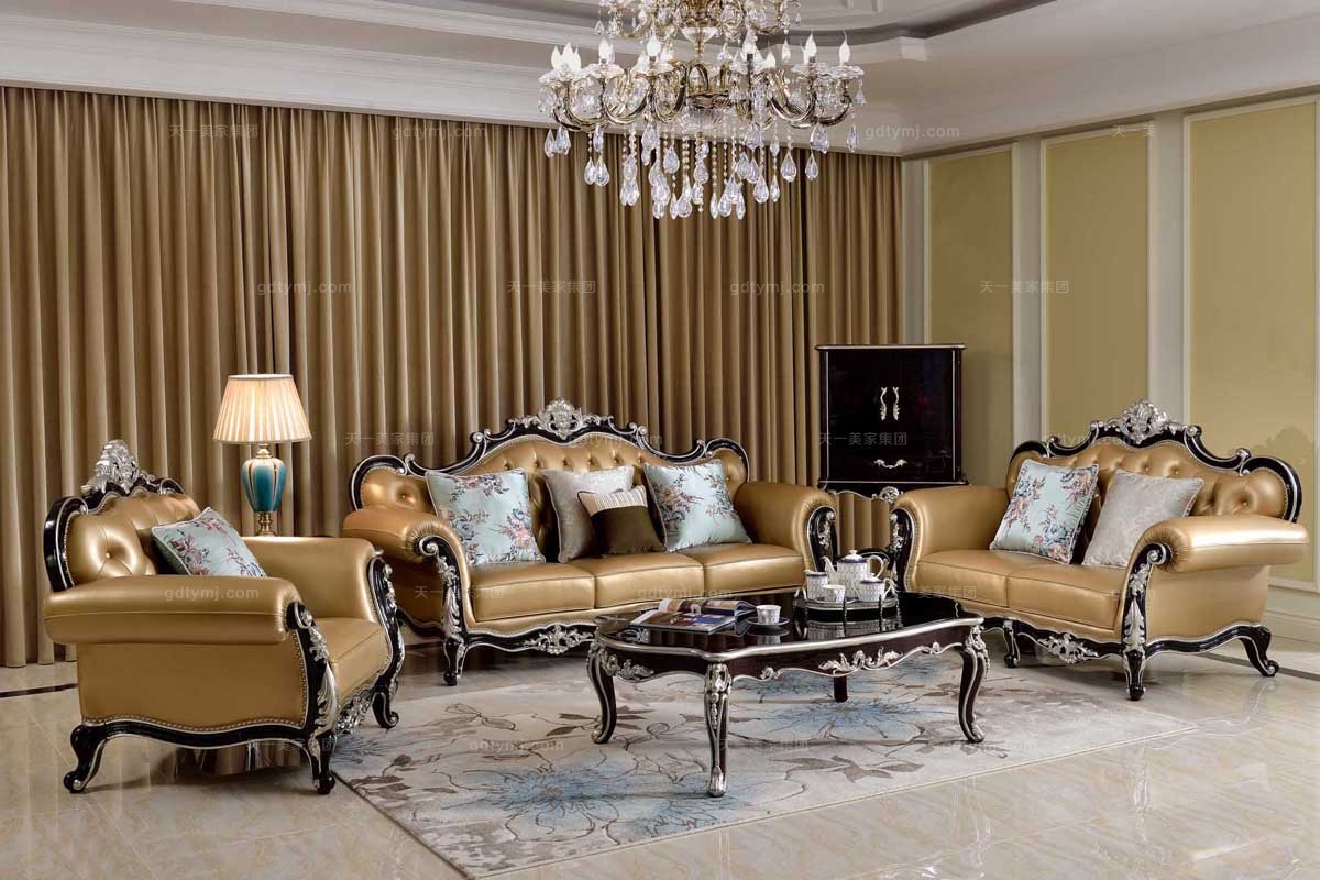 高端別墅會所法式實木雕花真皮客廳沙發