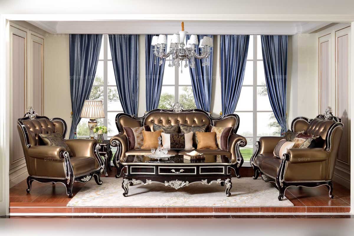 高端高端法式實木品牌家具雕花金色真皮沙發