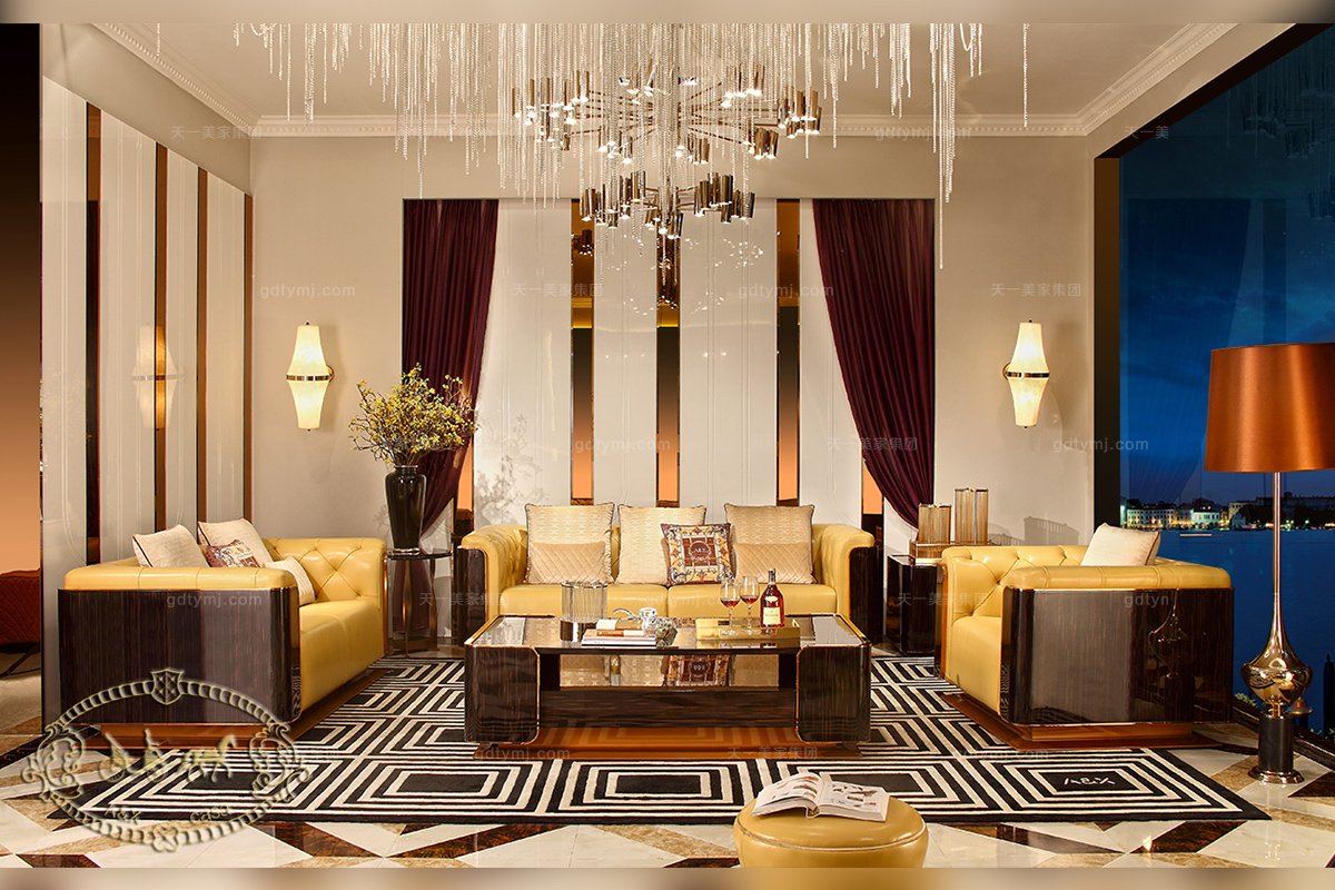 奢華別墅會所售樓處家具實木黃色真皮三人沙發