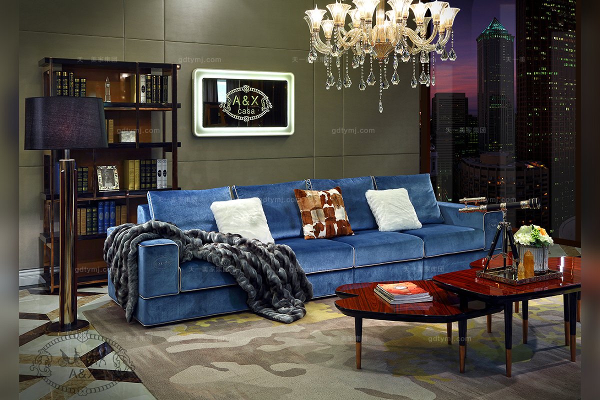 高端五星級酒店別墅家具藍色布藝轉角沙發組合