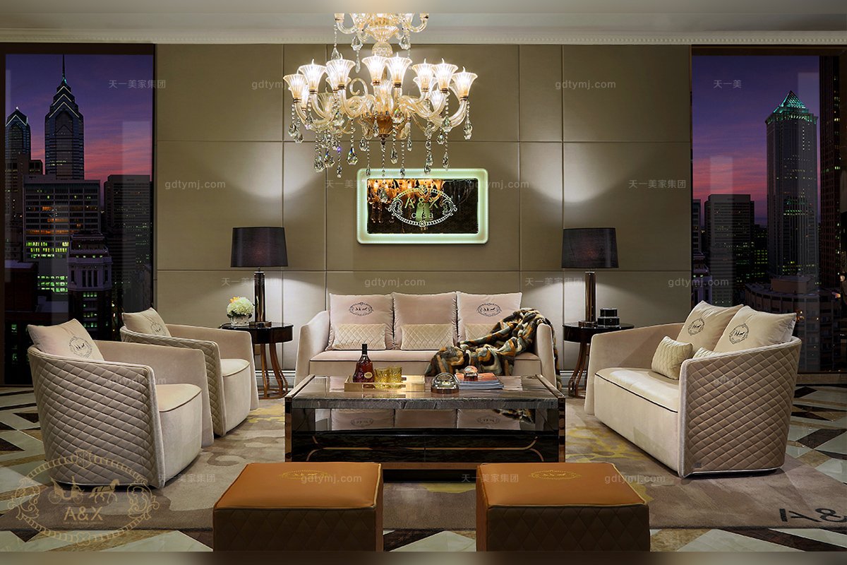 高端會所五星級酒店家具后現代布藝三位沙發