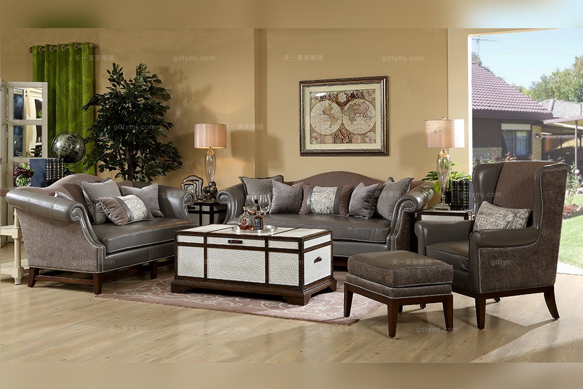 高端五星級酒店家具美式真皮三人沙發