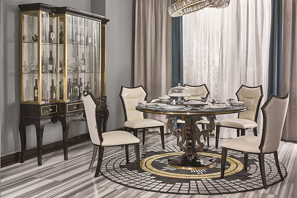 高端現代輕奢主義實木餐廳家具黑檀木皮拼花真皮餐桌餐椅