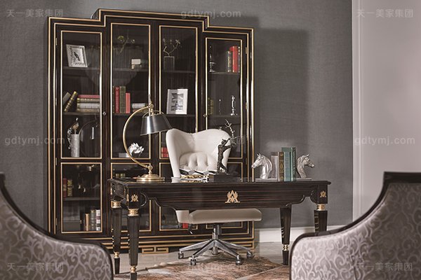 高端現代輕奢華書房家具實木書房書桌黑檀木皮拼花真皮書椅書桌組合