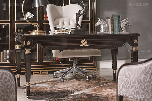 高端現代輕奢華書房家具實木書房書桌黑檀木皮拼花真皮書椅書桌組合書桌