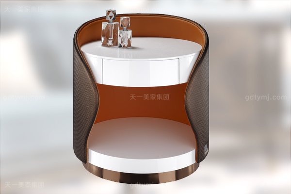 高端后現代風輕奢臥室家具橙色皮桃木紋飾板真皮臥室床組合床頭柜