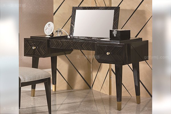 高端后現代別墅輕奢風格臥室家具實木楓影黑檀木皮拼花妝臺妝椅組合妝臺