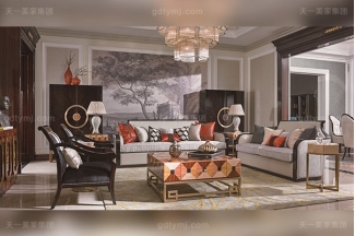 名貴別墅后現代輕奢風格品牌家具楓影黑檀木皮拼花客廳沙發組合