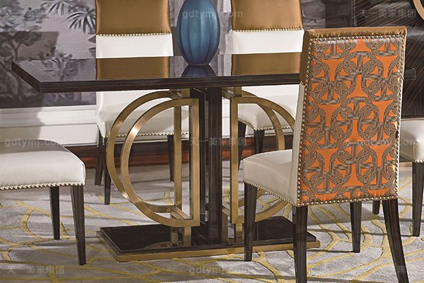 高端別墅后現代輕奢風格品牌家具黑檀木皮拼花餐廳家具餐桌椅組合餐桌