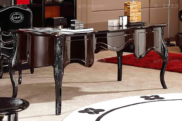 名貴奢華后現代輕奢書房家具桃木紋+黑檀木飾面+黑亮雕花腳書桌椅組合書桌