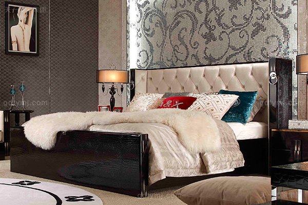 名貴奢華家具后現代輕奢品牌家具黑鱷紋牛角飾面米白色布拉水晶扣雙人床床