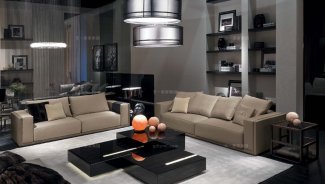 高端別墅客廳真皮沙發+茶幾組合