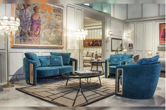 高端奢華會所家具品牌輕奢后現代客廳藍色高彈海棉絨布藝軟包雙人位沙發