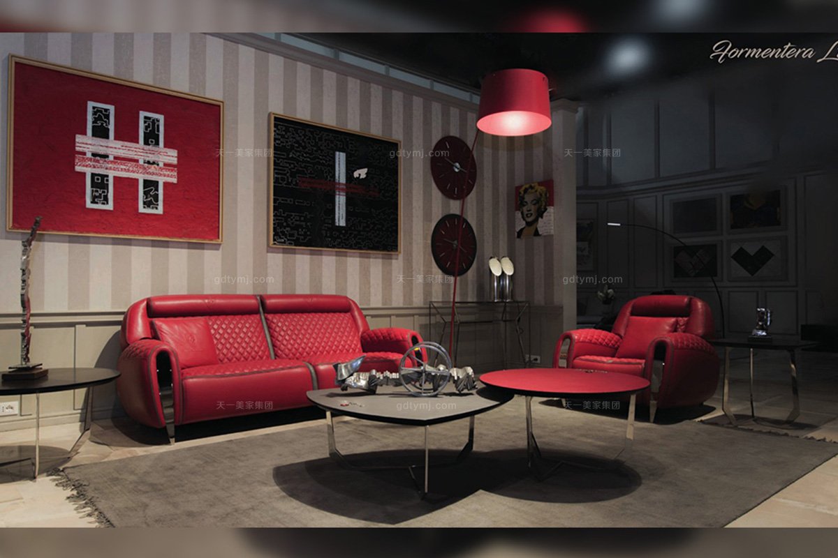 名貴豪華奢華家具品牌輕奢時尚客廳紅色真皮車格子雙人位沙發組合單人位沙發