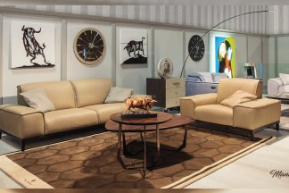 高端輕奢時尚家具品牌客廳現代米黃色高彈海棉真皮雙人位沙發