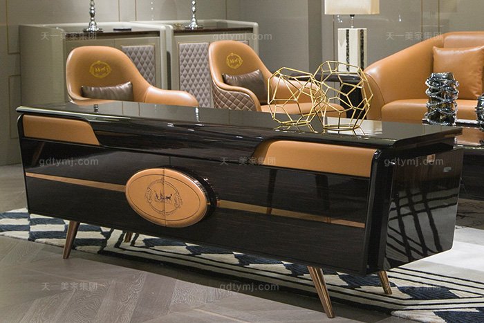 奢華別墅家具品牌輕奢后現代風客廳愛馬仕橙真皮沙發組合電視柜