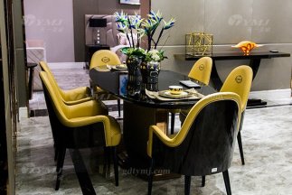 高端別墅輕奢后現代家具品牌餐廳實木真皮餐桌椅組合