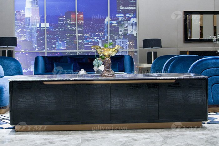 高端奢華家具品牌別墅輕奢后現代家具客廳藍色優質絨布藝沙發組合電視柜