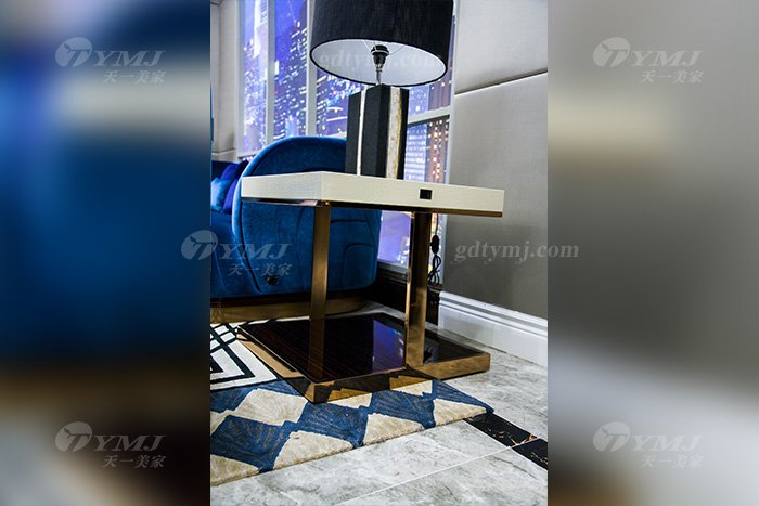 高端奢華家具品牌別墅輕奢后現代家具客廳藍色優質絨布藝沙發組合角幾