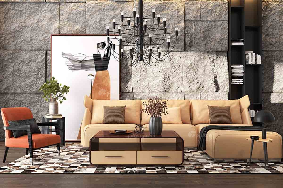 奢華別墅會所家具時尚樣板間家具輕奢后現代客廳頭層皮沙發組合