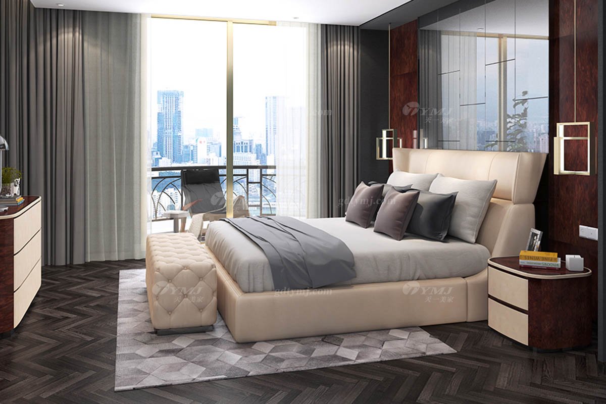 高端別墅會所家具時尚奢華樣板間家具輕奢后現代臥室真皮雙人大床系列
