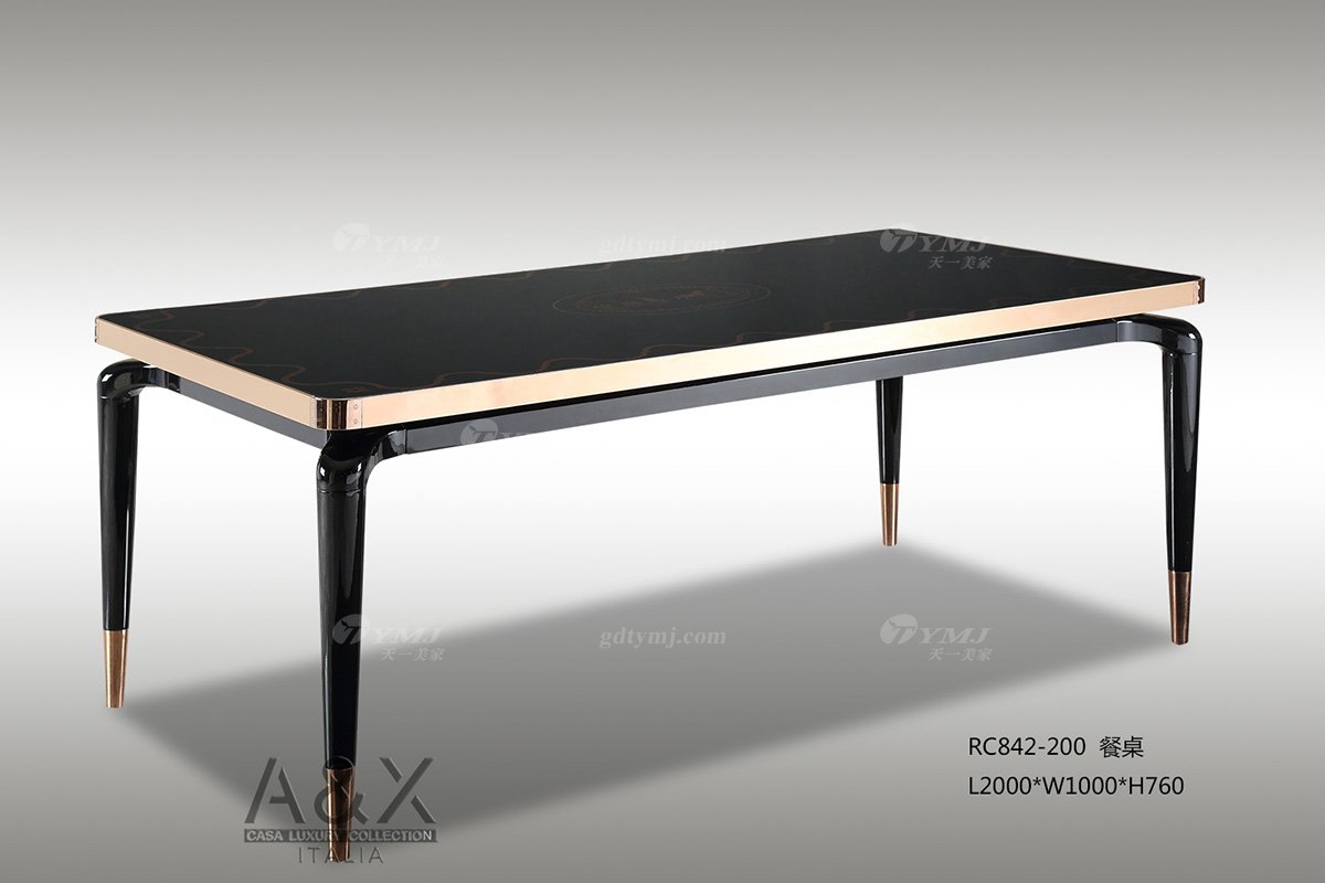 奢華別墅家具品牌高端樣板間家具輕奢后現代餐廳時尚黑亮茶玻玫瑰金餐桌椅組合系列餐桌