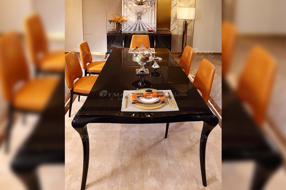 奢華會所家具品牌高端樣板間家具輕奢后現代時尚愛馬仕橙頭層皮餐椅金絲黑檀餐桌組合餐桌