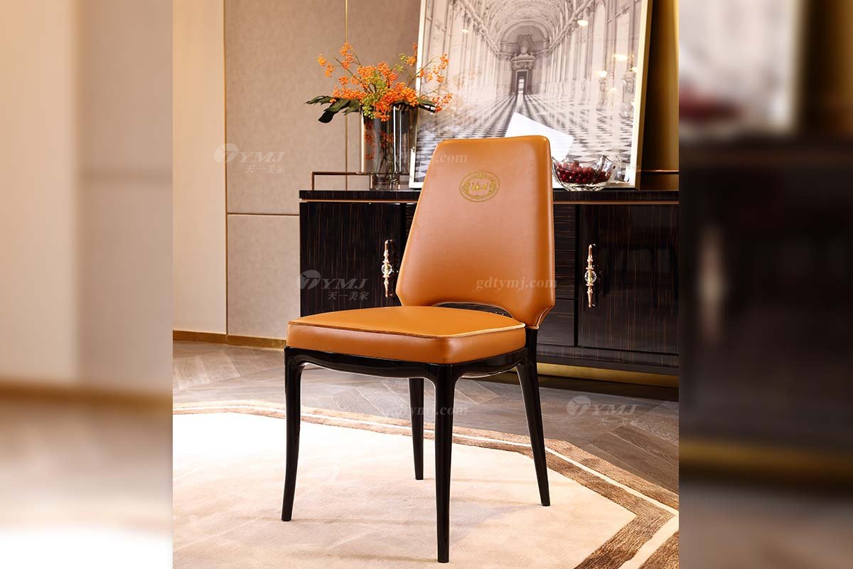 奢華會所家具品牌高端樣板間家具輕奢后現代時尚愛馬仕橙頭層皮餐椅金絲黑檀餐桌組合餐椅