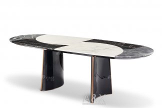 高端別墅豪宅家具品牌高端樣板間家具輕奢后現代時尚魚肚白黑白線石材拼面餐桌