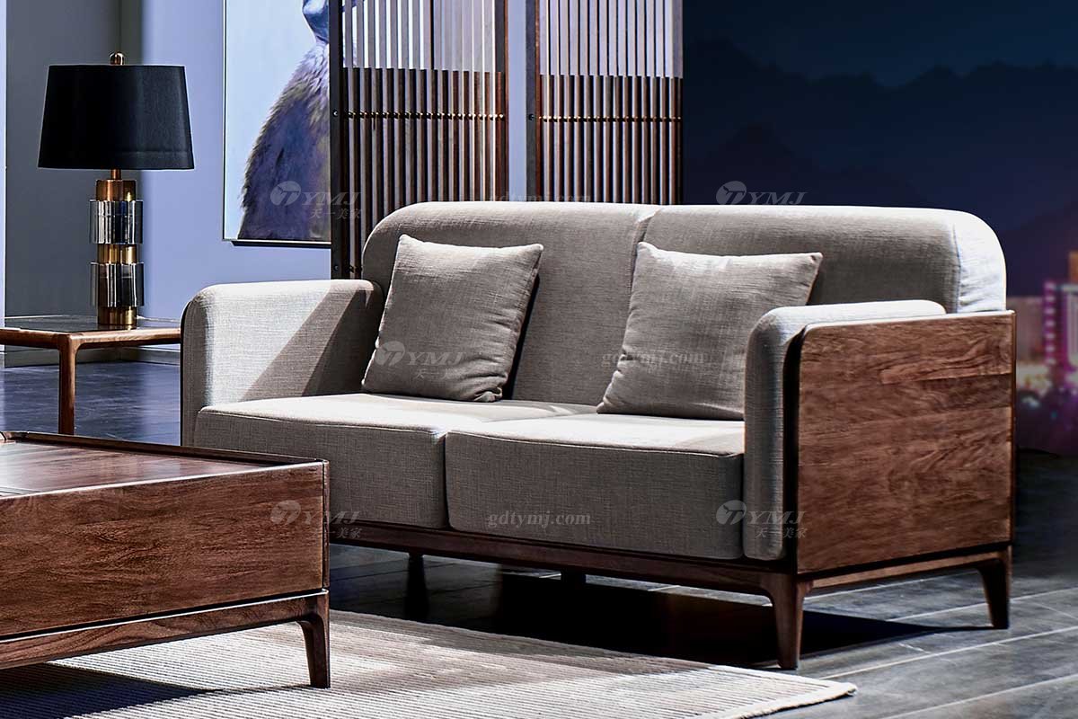 高端別墅家具品牌高檔樣板房家具輕奢新中式風格黑胡桃高彈高密度海綿優質布藝沙發系列二位沙發