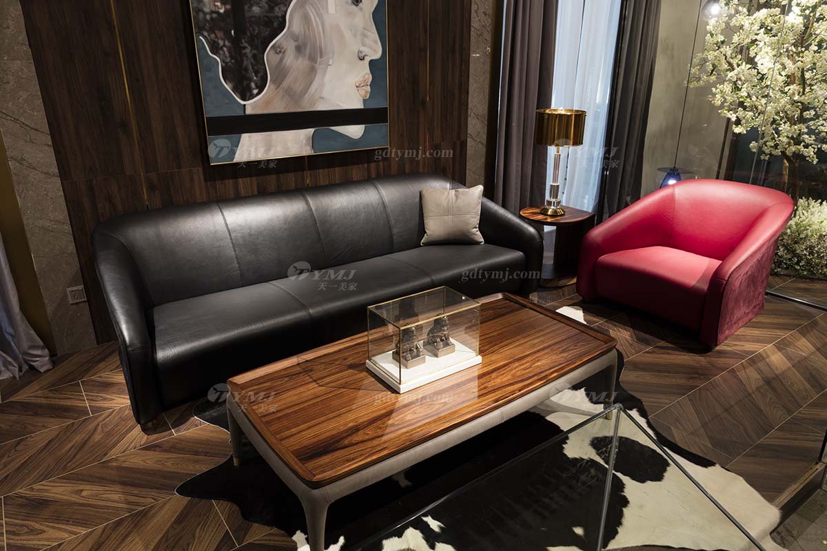 高端別墅會所家具品牌輕奢新中式客廳高彈高密度海綿黑色頭層皮沙發系列