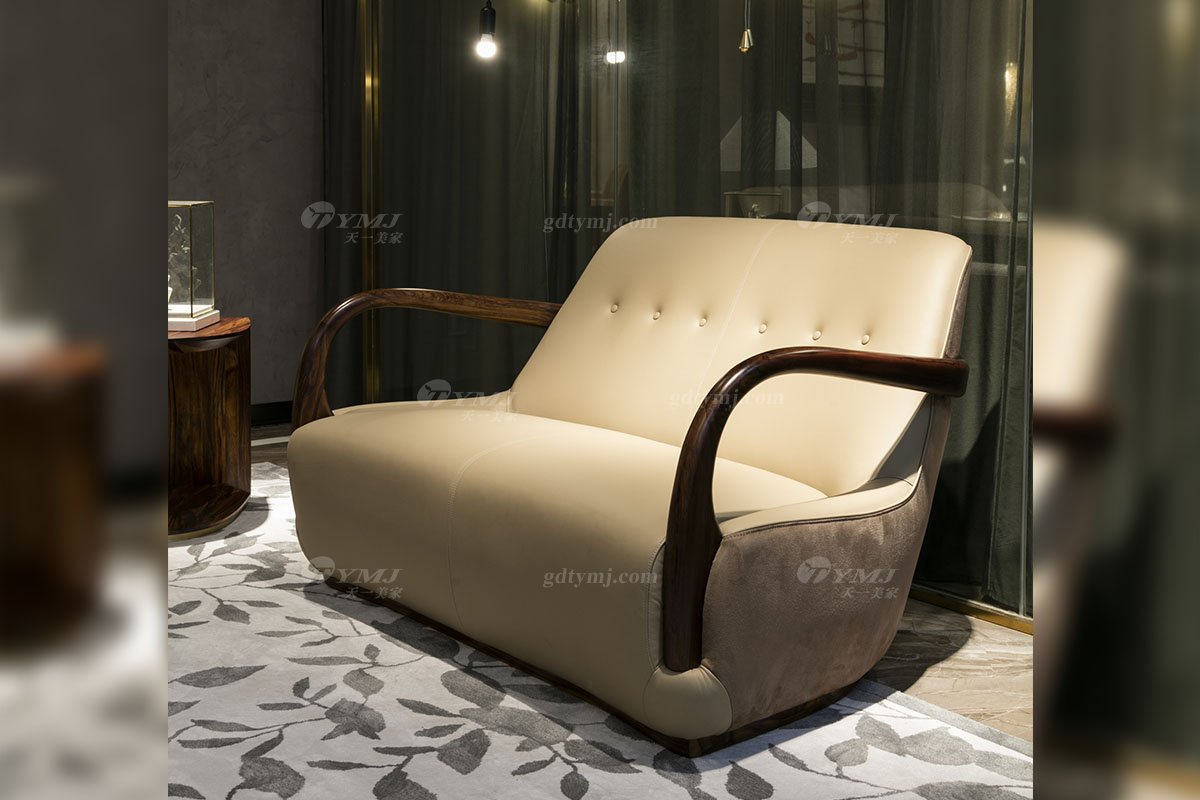 高端豪宅會所家具品牌輕奢新中式風客廳家具高彈高密度海綿真皮沙發系列二位沙發