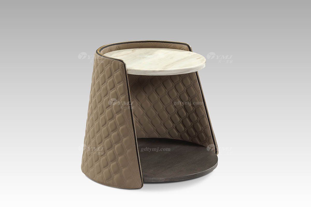 現代輕奢別墅豪宅家具高級大理石+咖色超纖皮小圓幾