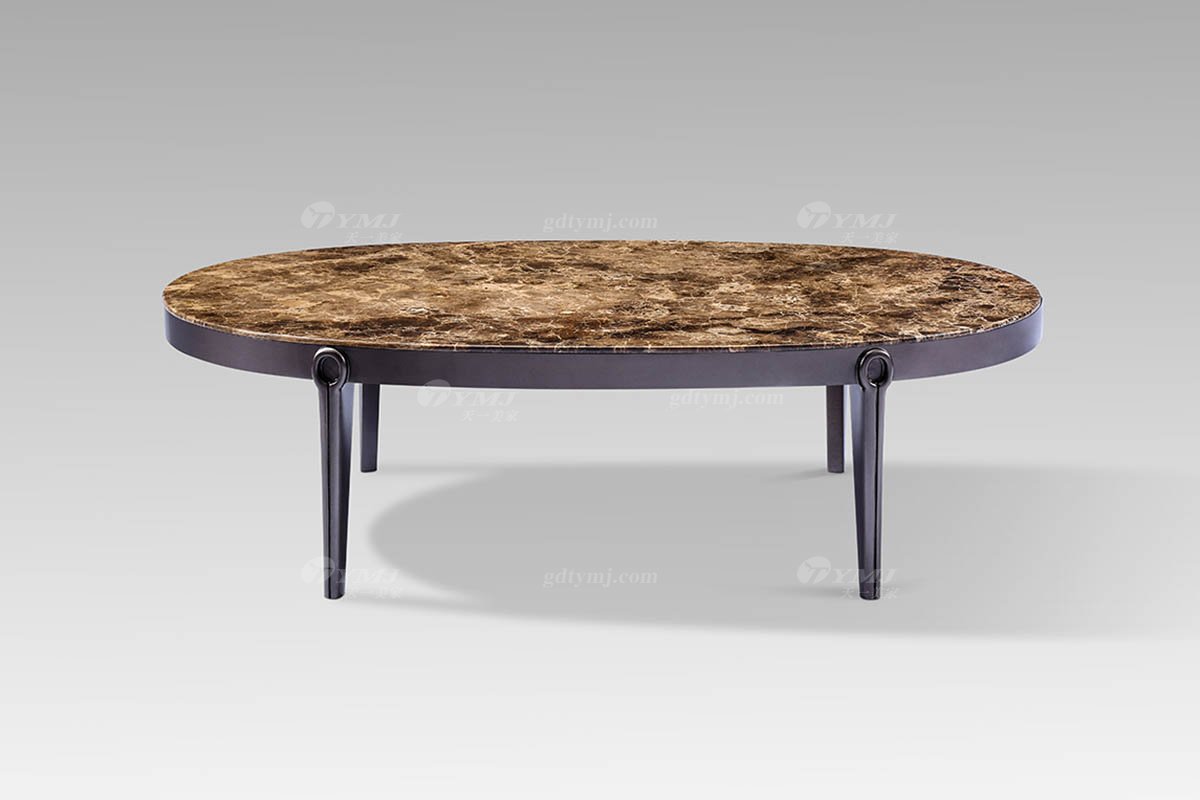 現代輕奢高端會所家具實木灰橡+網咖色大理石橢圓幾