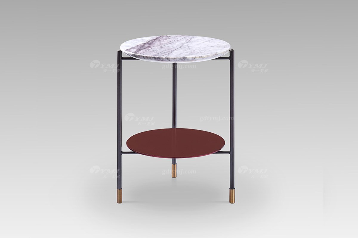 高檔別墅會所現代輕奢家具高級大理石面+勃艮地紅層板小圓幾