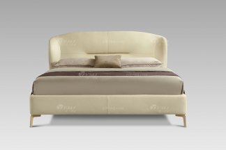 現代輕奢時尚高檔米黃色真皮大床