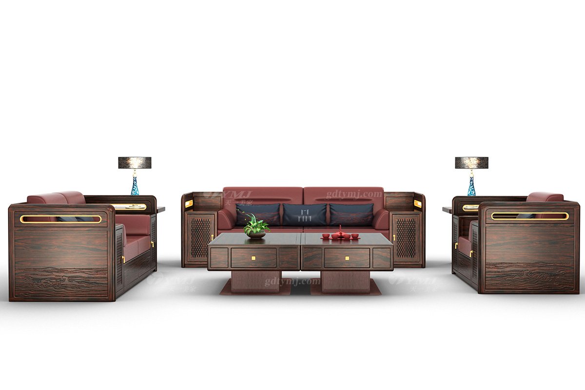 新中式輕奢時尚高端品牌家具黑酸枝實木三人位沙發三位沙發H-PGSF3組合