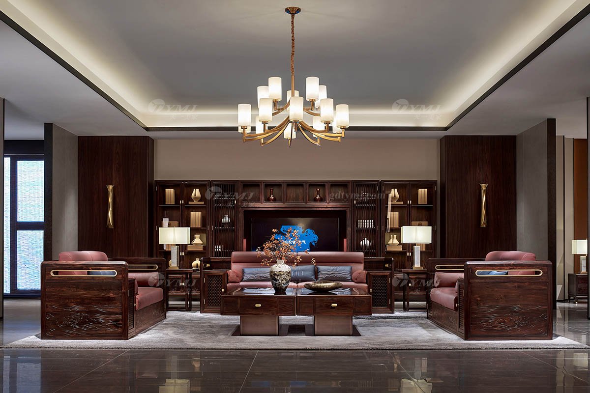 新中式輕奢時尚高端品牌家具黑酸枝實木三人位沙發三位沙發H-PGSF3場景