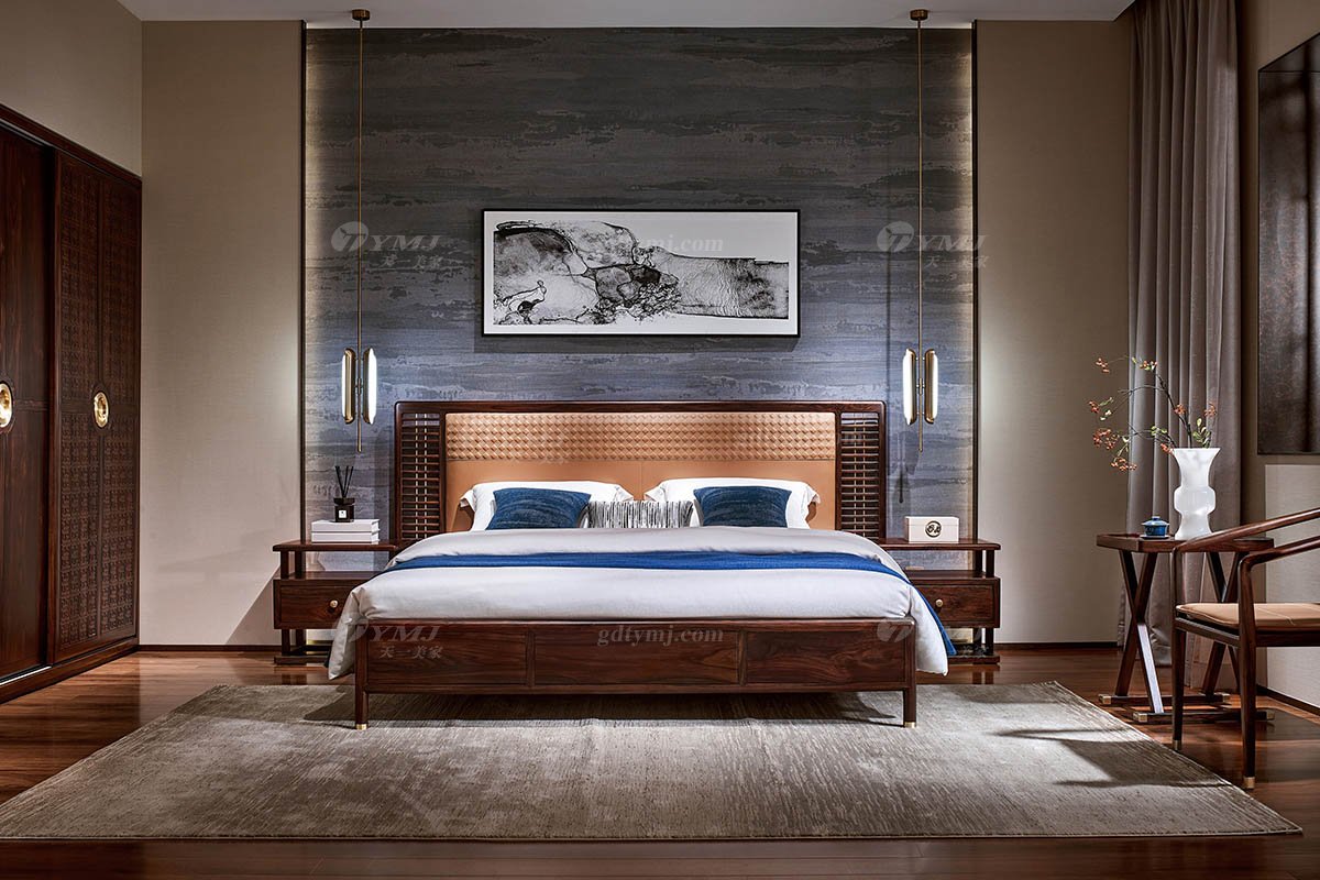 優(yōu)雅新中式輕奢高端品牌家具黑酸枝實(shí)木橙色意大利真皮大方床大方床H-PMC23場(chǎng)景